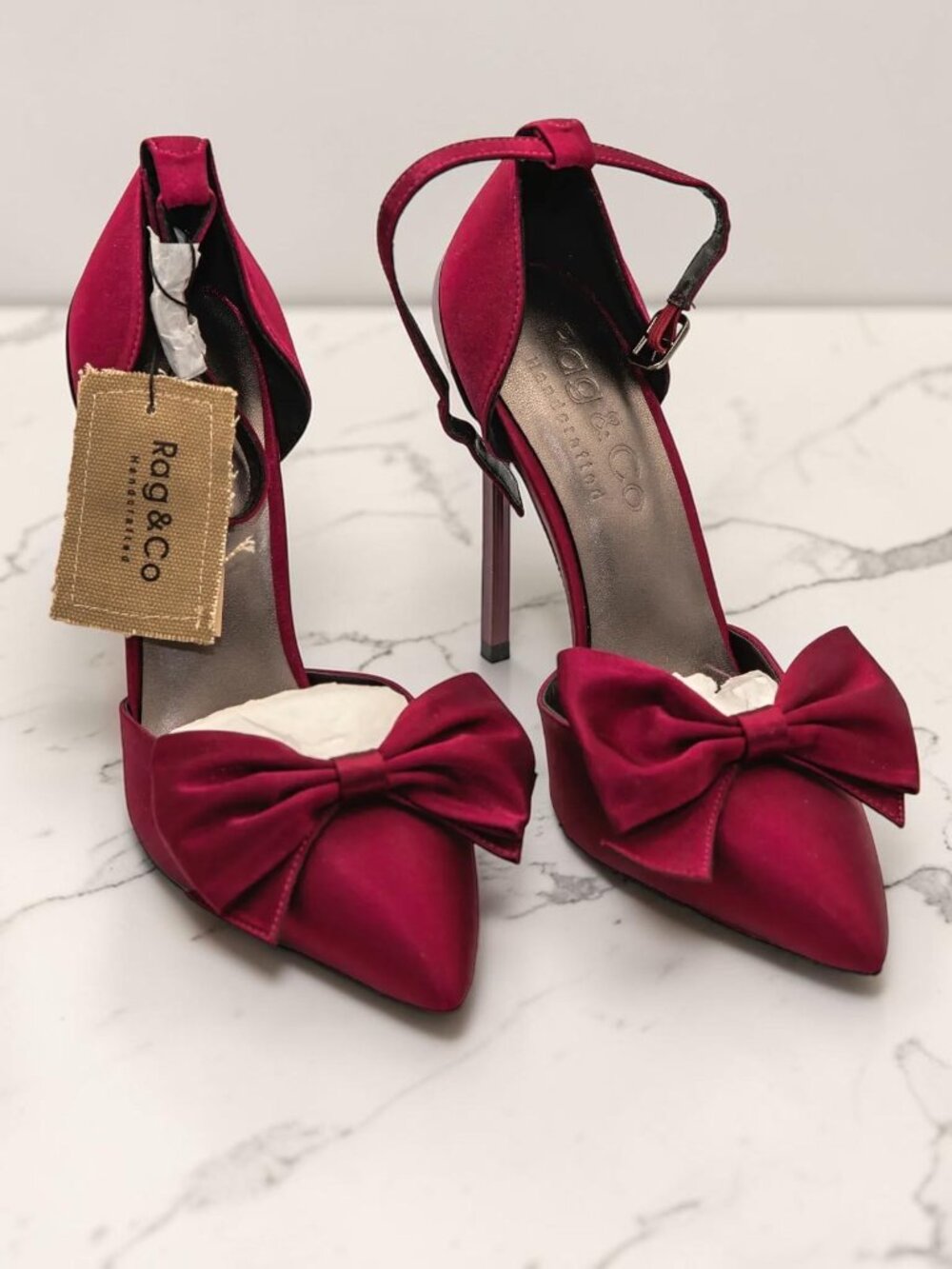 NWT Rag & Co Burgundy Satin Bow Stiletto Heels EU39 US8 Party Wedding